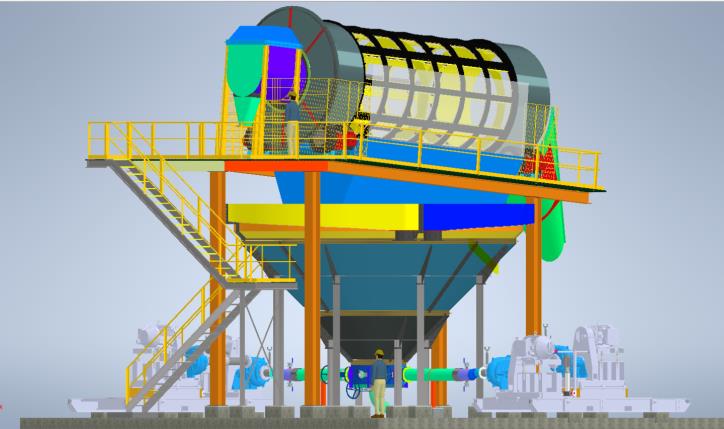 A detailed 3D model of an industrial rotary screen separator, featuring structural components, access stairs, and machinery supports in various colors, is designed to function within a deslime system.